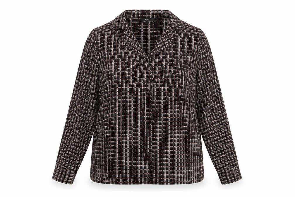 Front view of Next women’s black geometric polyester basic button-up, size UK 14, collared