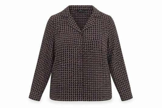 Front view of Next women’s black geometric polyester basic button-up, size UK 14, collared