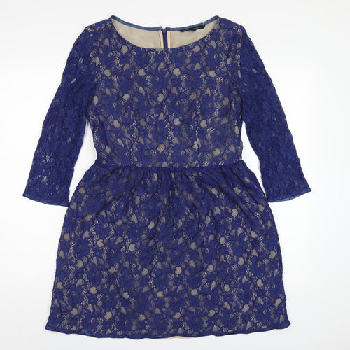 French Connection Womens Blue Polyamide A-Line Size 12 Round Neck Zip