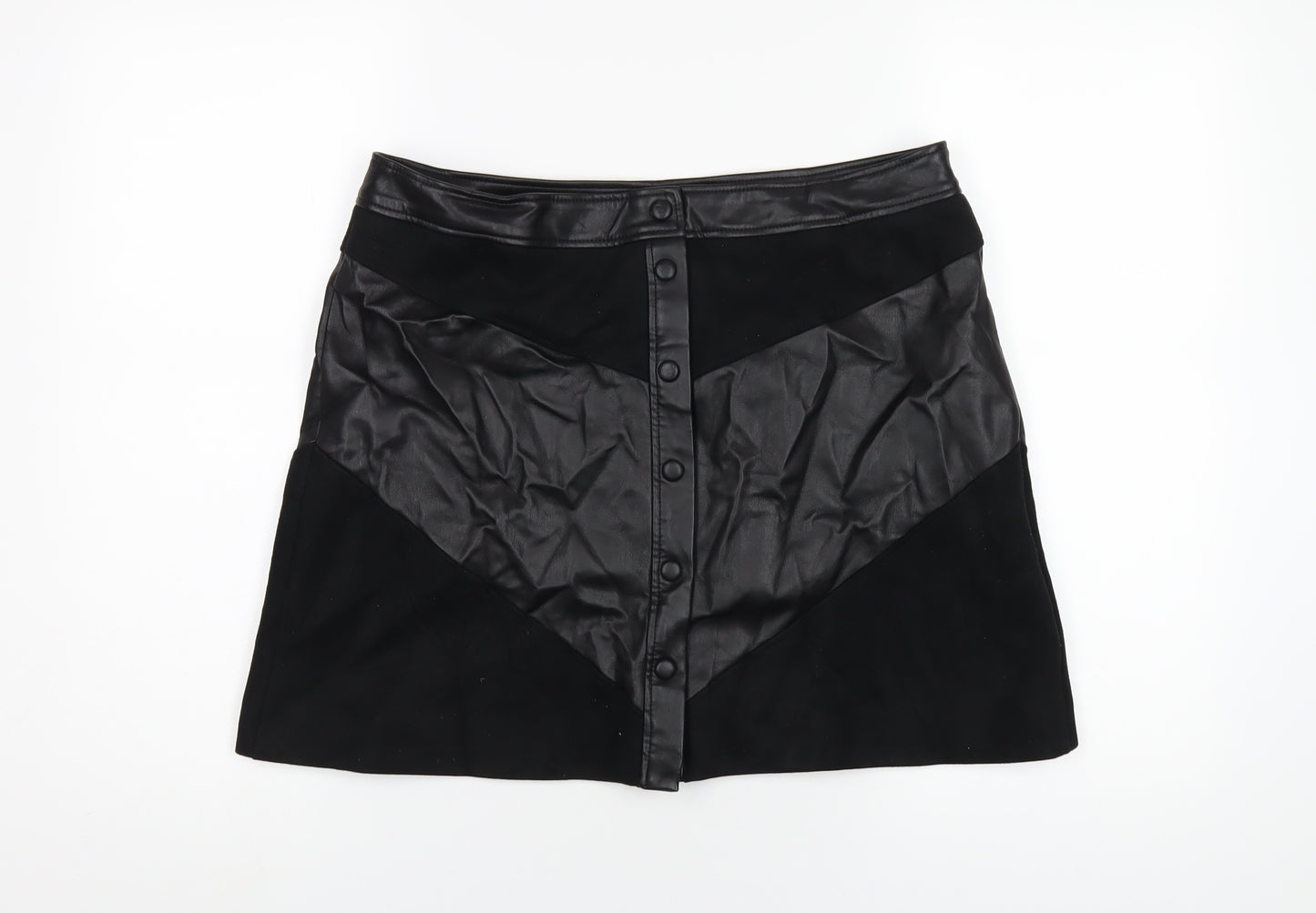 Marks and Spencer Womens Black Polyurethane A-Line Skirt Size 14 Snap - Leather and Suede Look