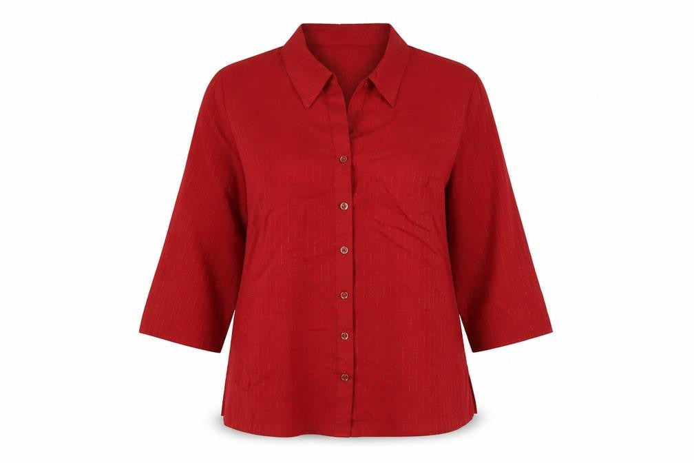 Front view of Marks & Spencer women’s red polyester basic button-up, size UK 12, collared
