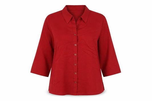 Front view of Marks & Spencer women’s red polyester basic button-up, size UK 12, collared