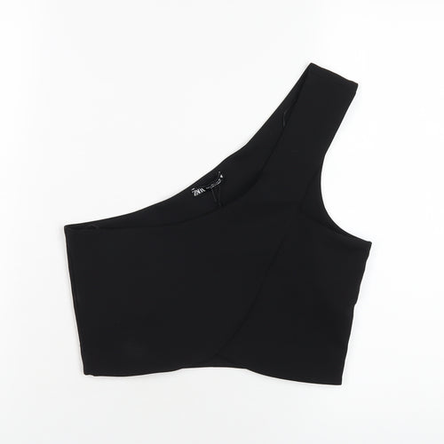 Zara Womens Black Polyester Cropped T-Shirt Size L One Shoulder