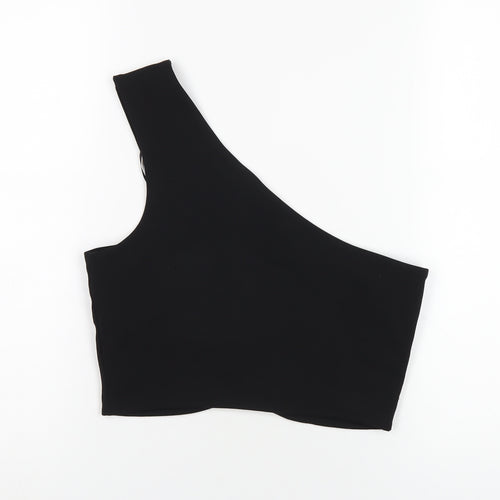 Zara Womens Black Polyester Cropped T-Shirt Size L One Shoulder