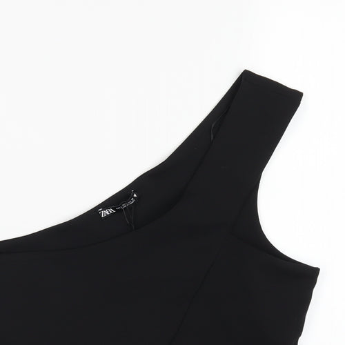 Zara Womens Black Polyester Cropped T-Shirt Size L One Shoulder