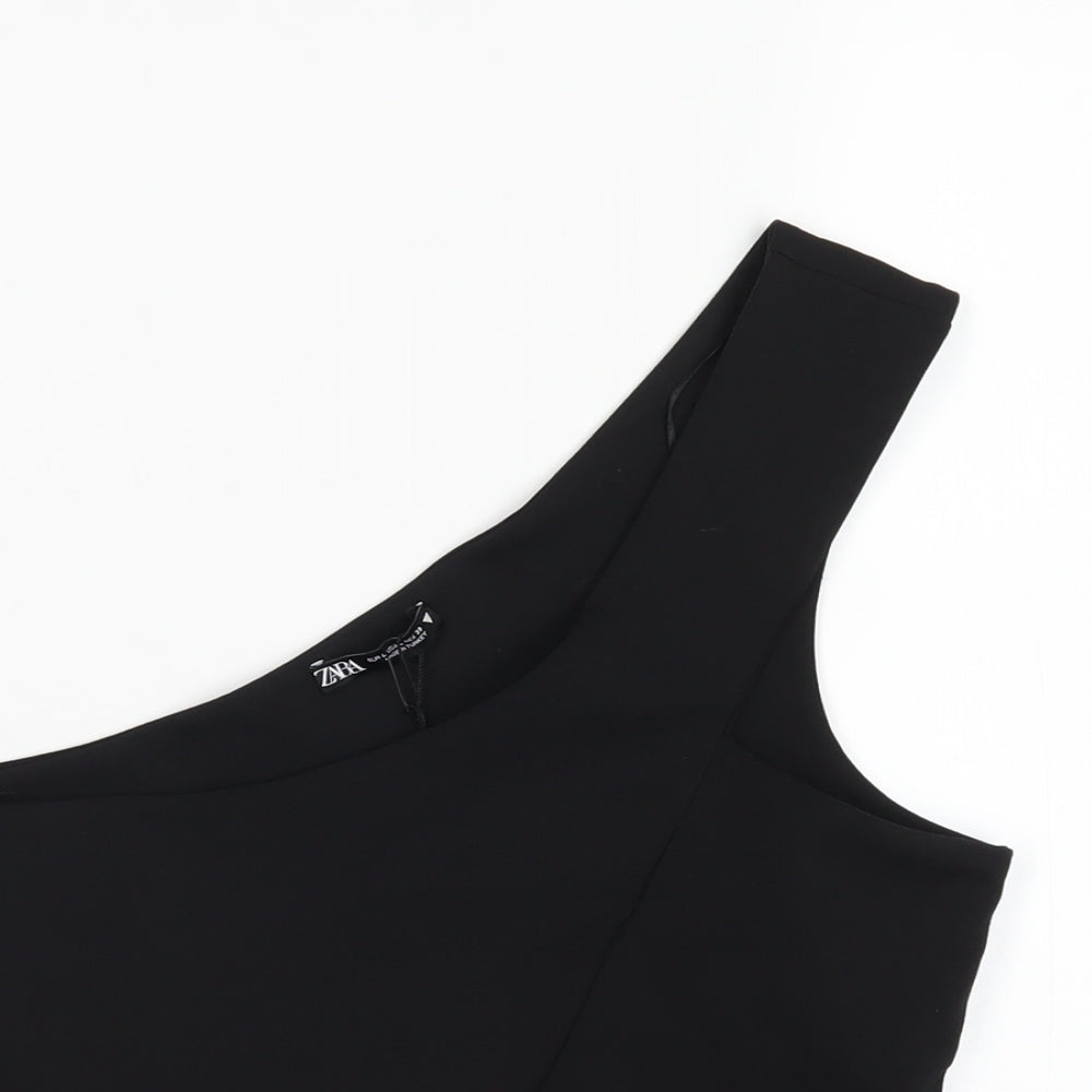 Zara Womens Black Polyester Cropped T-Shirt Size L One Shoulder