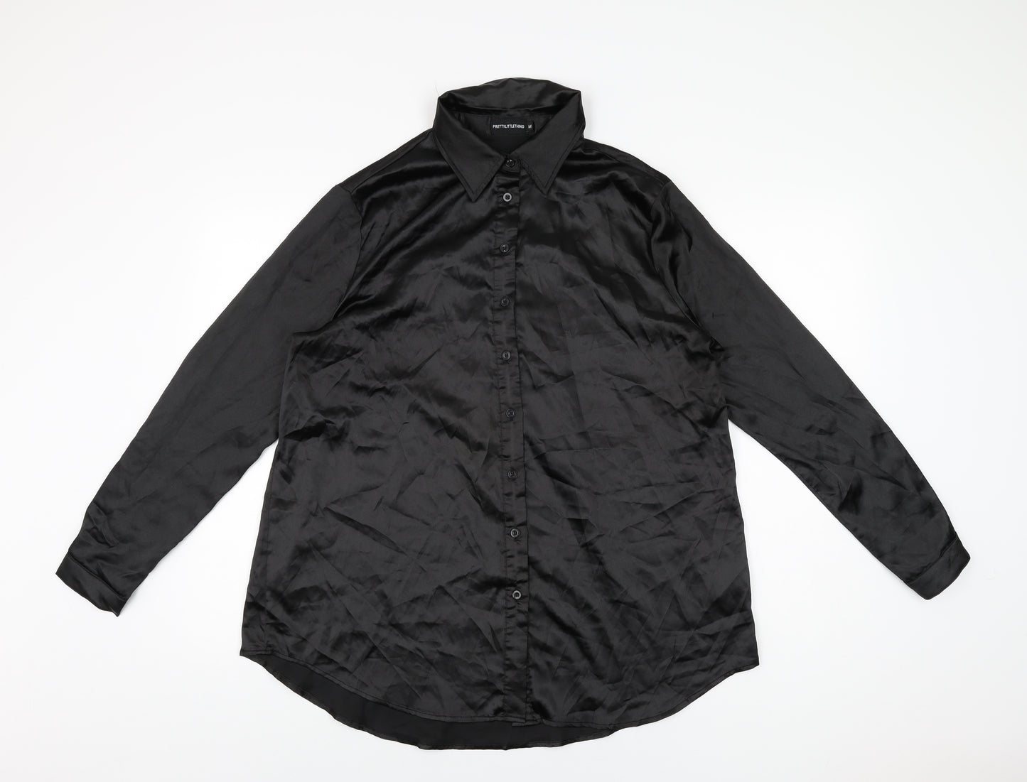 PRETTYLITTLETHING Womens Black Polyester Basic Button-Up Size M Collared