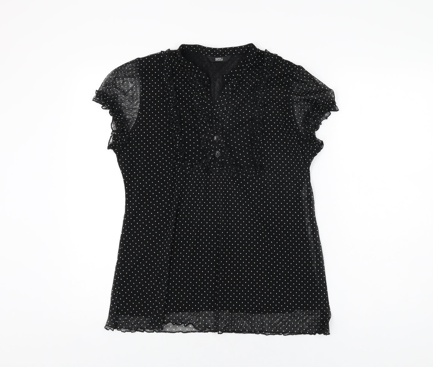 Marks and Spencer Womens Black Polka Dot Polyester Basic T-Shirt Size 14 V-Neck