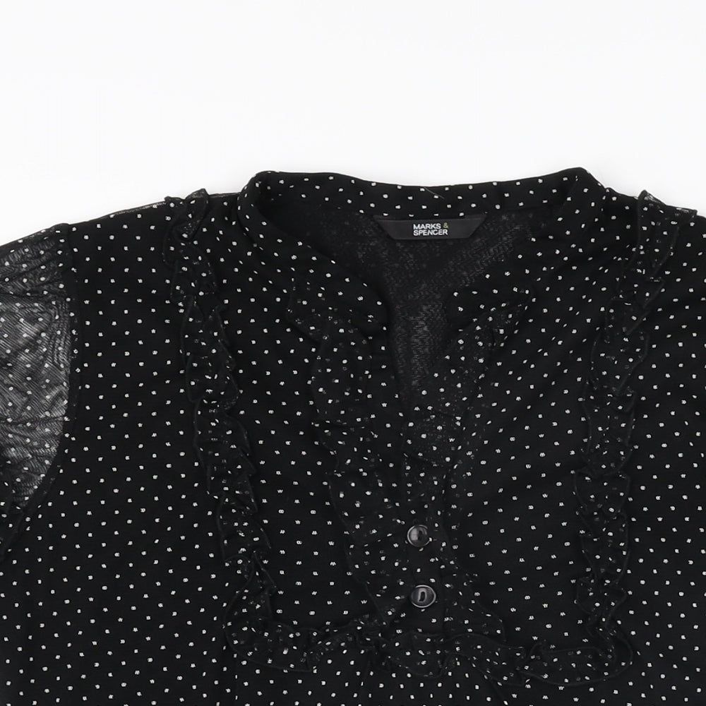 Marks and Spencer Womens Black Polka Dot Polyester Basic T-Shirt Size 14 V-Neck