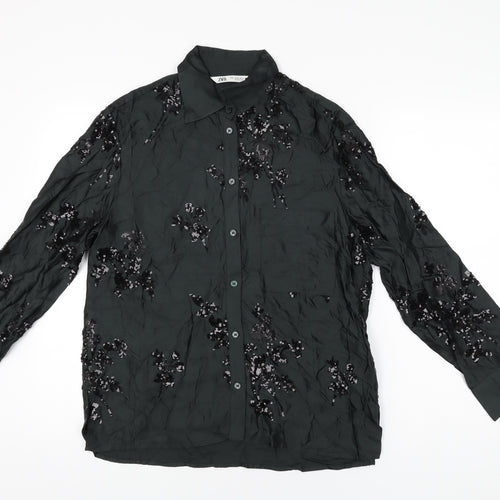 Zara Womens Black Floral Viscose Basic Button-Up Size XS Collared