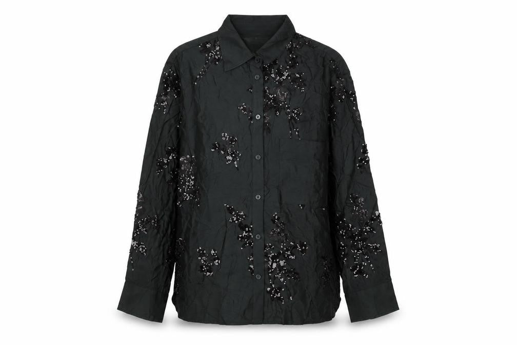 Front view of Zara women’s black floral viscose basic button-up, size XS, collared