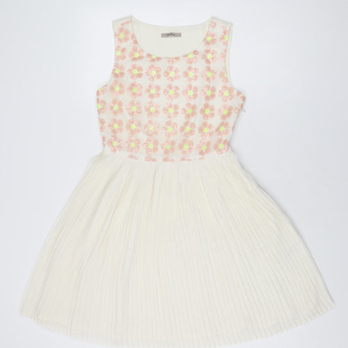 Darling Womens Ivory Floral Polyester Skater Dress Size S Round Neck Zip