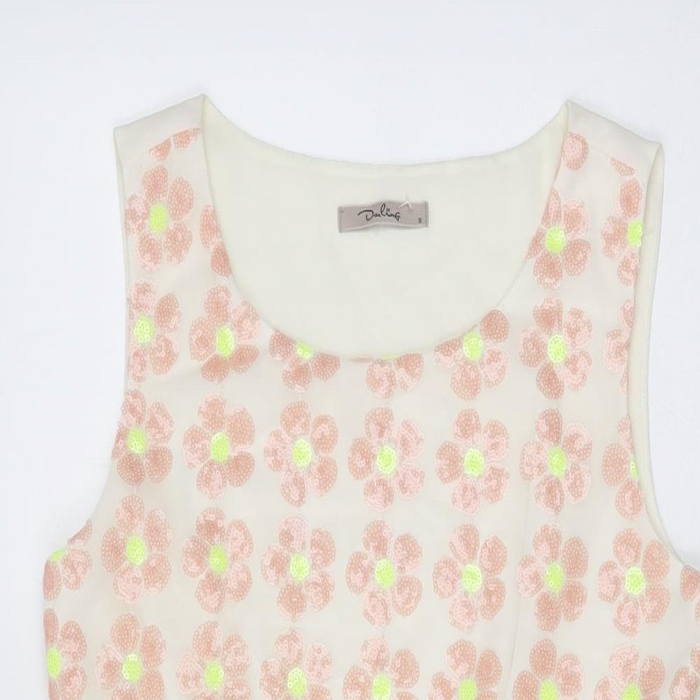 Darling Womens Ivory Floral Polyester Skater Dress Size S Round Neck Zip