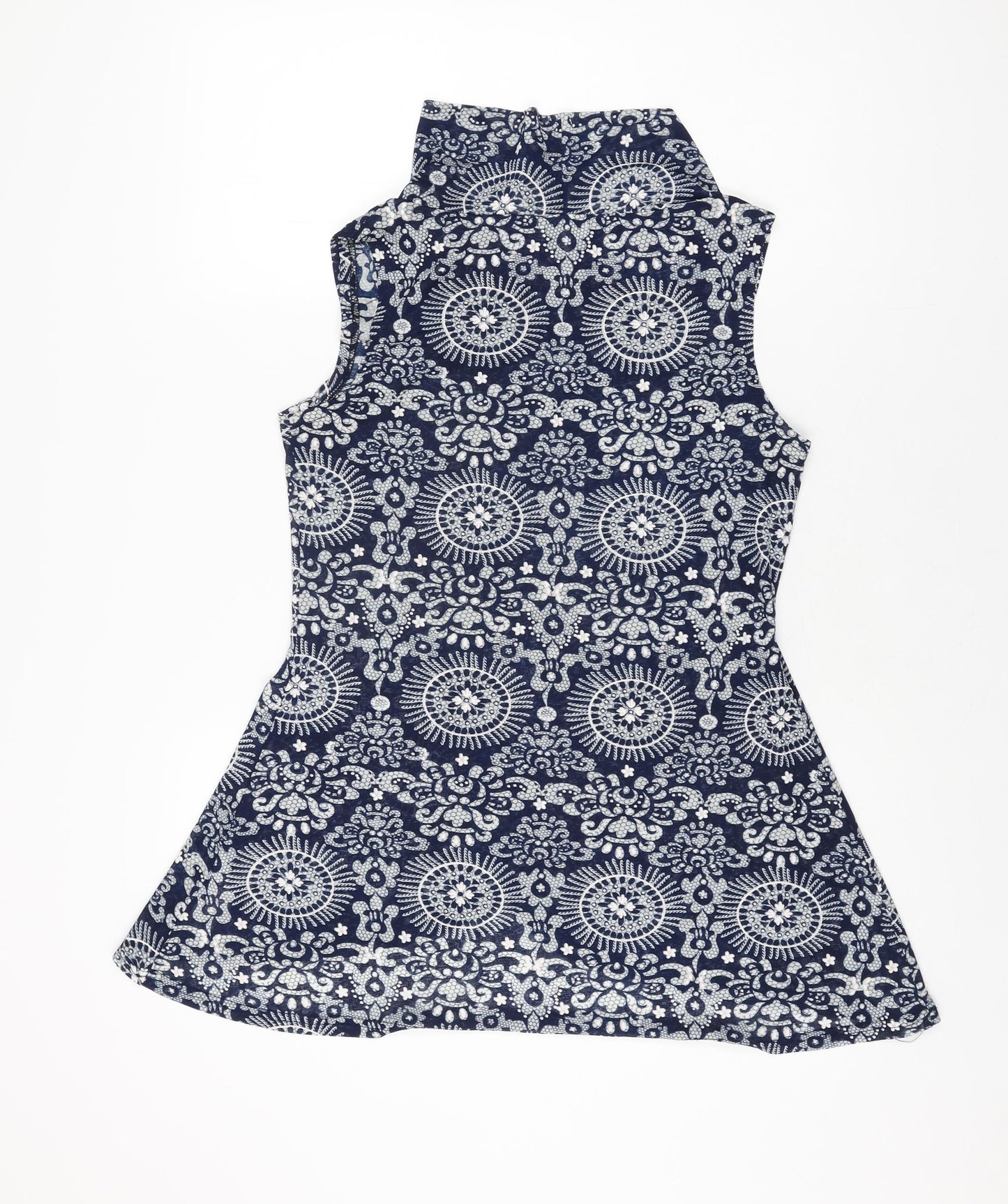 Apricot Womens Blue Geometric Polyester Basic T-Shirt Size 8 High Neck