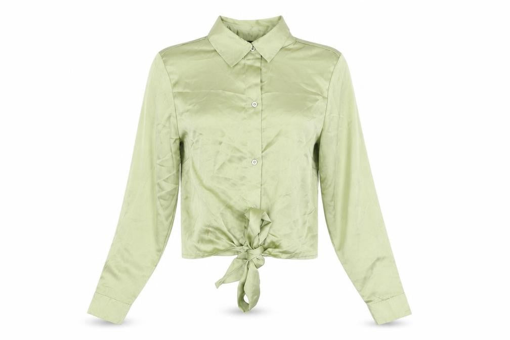 Front view of PRETTYLITTLETHING women’s green polyester basic button-up, size UK 6, collared