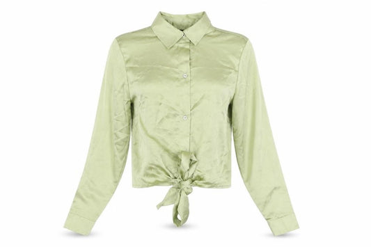 Front view of PRETTYLITTLETHING women’s green polyester basic button-up, size UK 6, collared