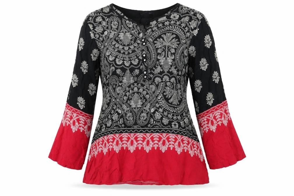 Front view of Limelight women’s black geometric polyester basic t-shirt, size M, v-neck