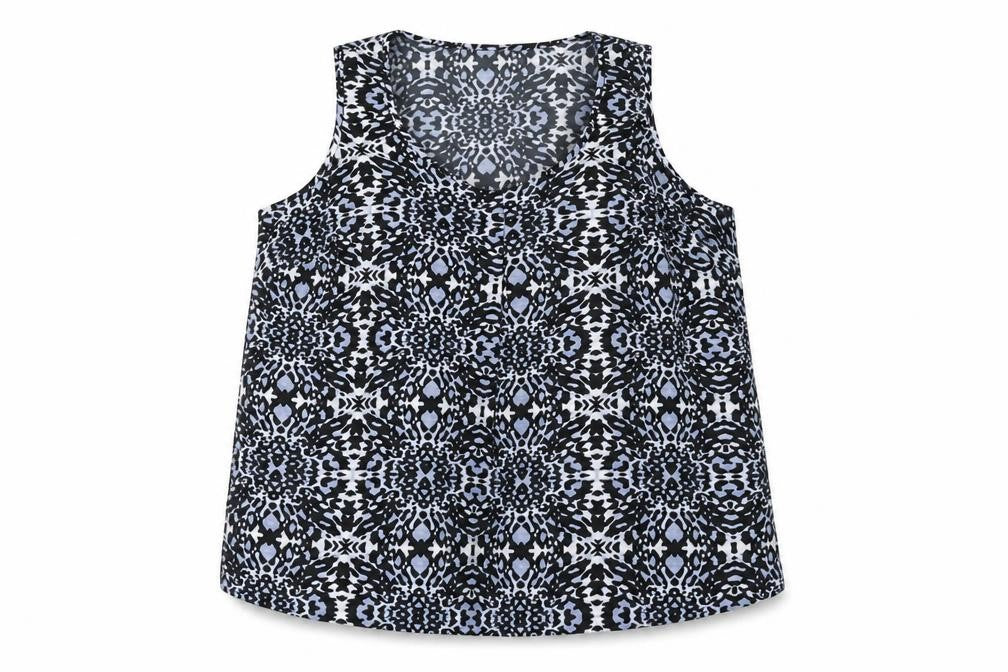 Front view of Anthology women’s blue geometric polyester basic blouse, size UK 26, scoop neck
