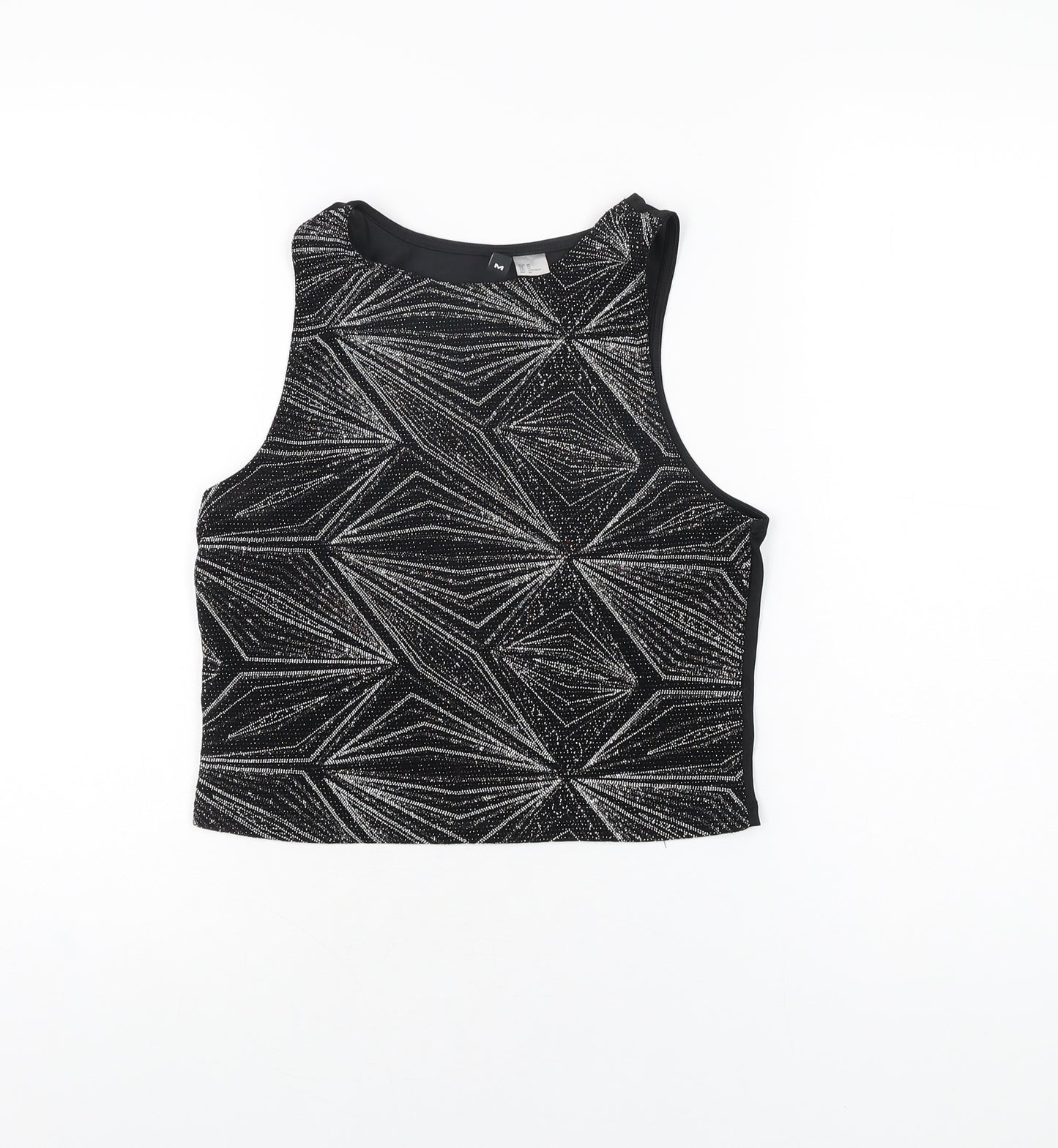H&M Womens Black Geometric Polyester Cropped T-Shirt Size M Round Neck