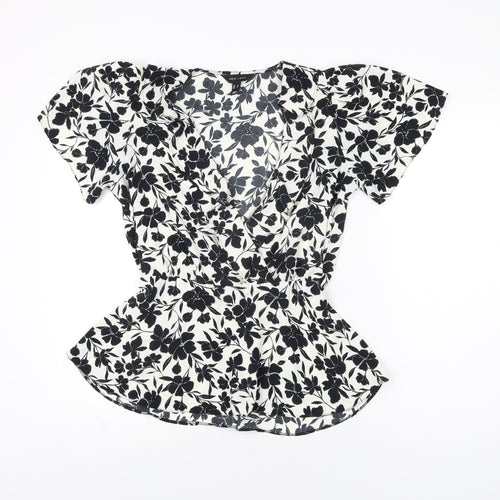 New Look Womens White Floral Polyester Basic Blouse Size 10 V-Neck