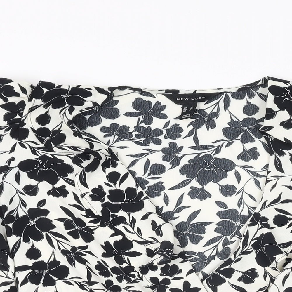 New Look Womens White Floral Polyester Basic Blouse Size 10 V-Neck