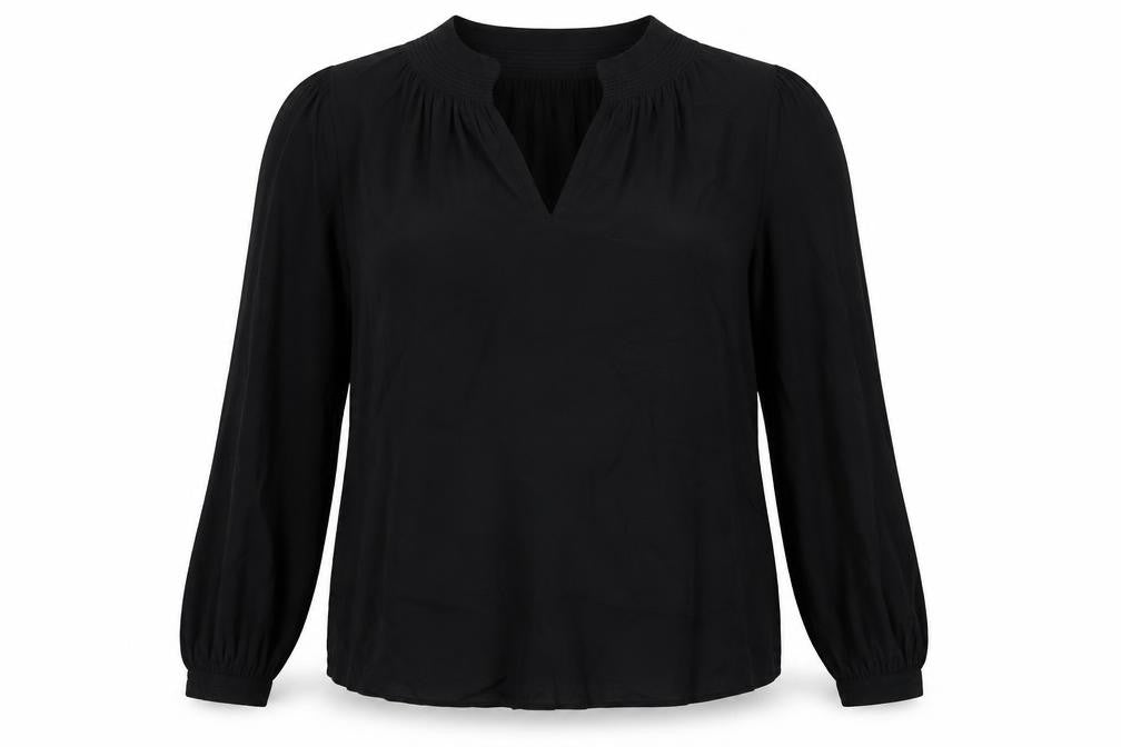 Front view of Monsoon women’s black viscose basic blouse, size UK 12, v-neck