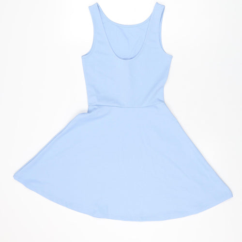 H&M Womens Blue Polyester Skater Dress Size 8 Scoop Neck Pullover
