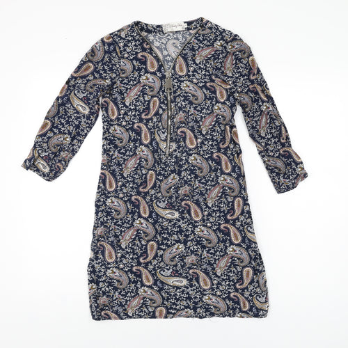 Voulez Vous Womens Blue Paisley Viscose Mini Size 8 V-Neck Zip