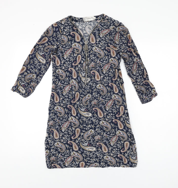 Voulez Vous Womens Blue Paisley Viscose Mini Size 8 V-Neck Zip