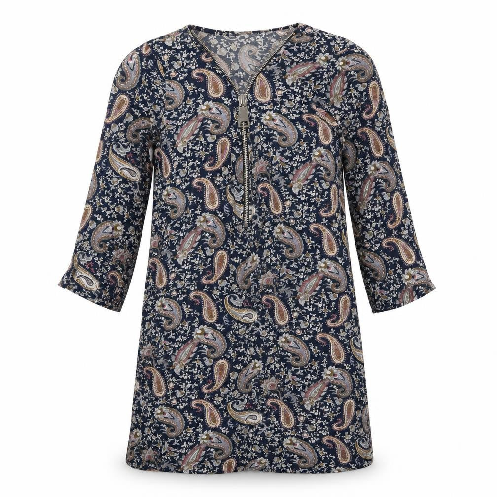 Front view of Voulez Vous women’s blue paisley viscose mini, size UK 8, v-neck zip