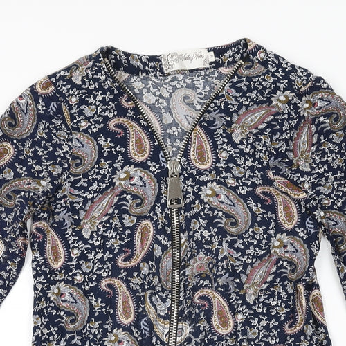 Voulez Vous Womens Blue Paisley Viscose Mini Size 8 V-Neck Zip