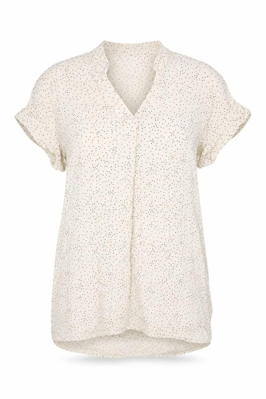 Front view of H&M women’s ivory polka dot viscose basic t-shirt, size UK 6, v-neck