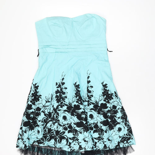 Jane Norman Womens Blue Floral Cotton A-Line Size 14 Off the Shoulder Zip