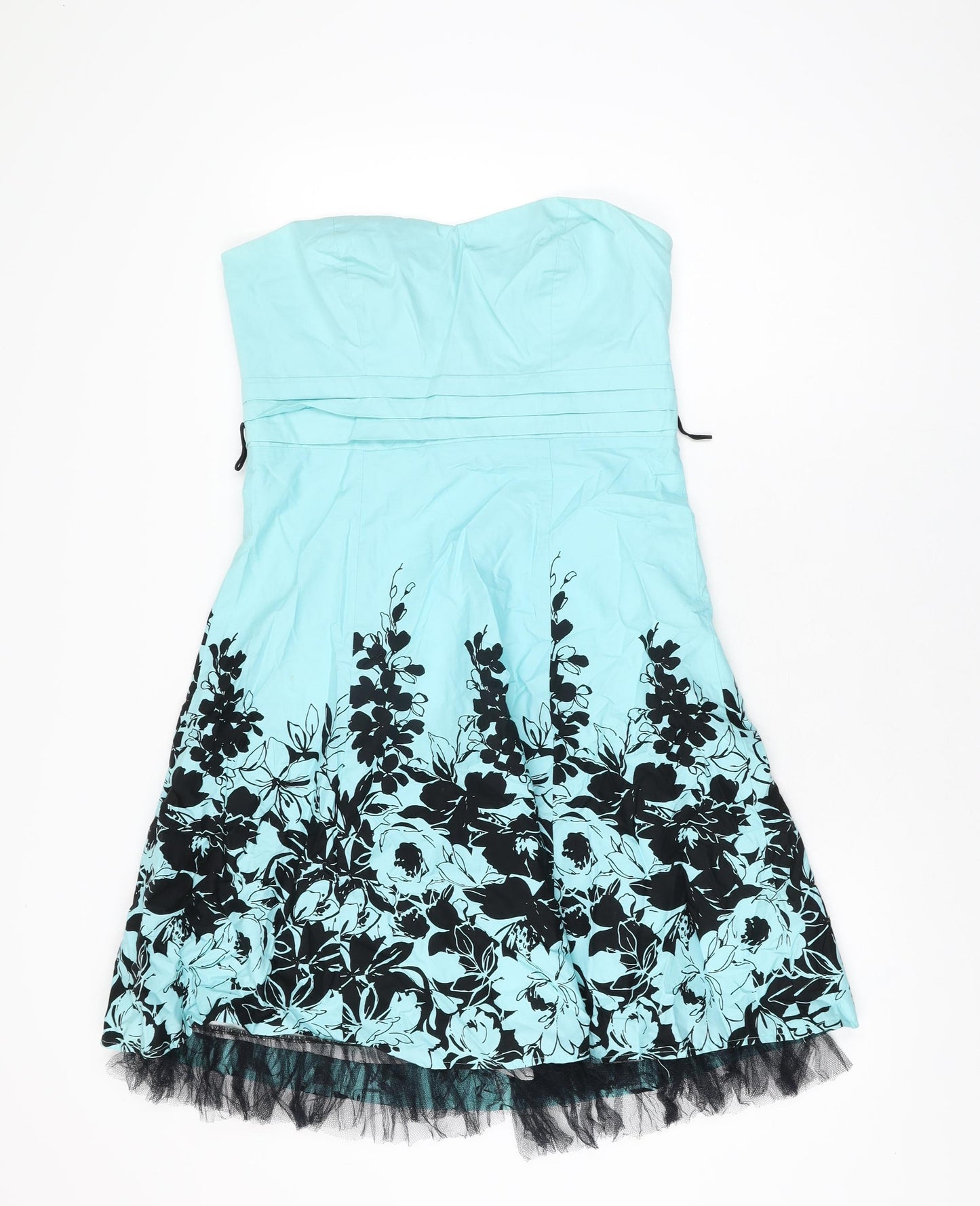 Jane Norman Womens Blue Floral Cotton A-Line Size 14 Off the Shoulder Zip