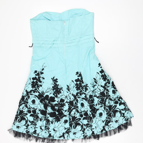 Jane Norman Womens Blue Floral Cotton A-Line Size 14 Off the Shoulder Zip