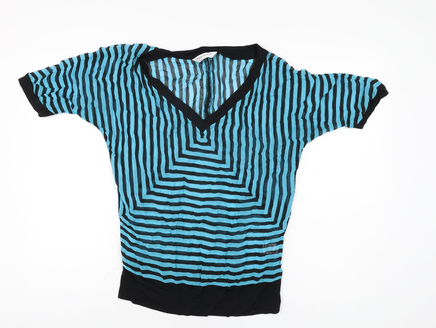 Topshop Womens Blue Striped Viscose Basic T-Shirt Size 8 V-Neck