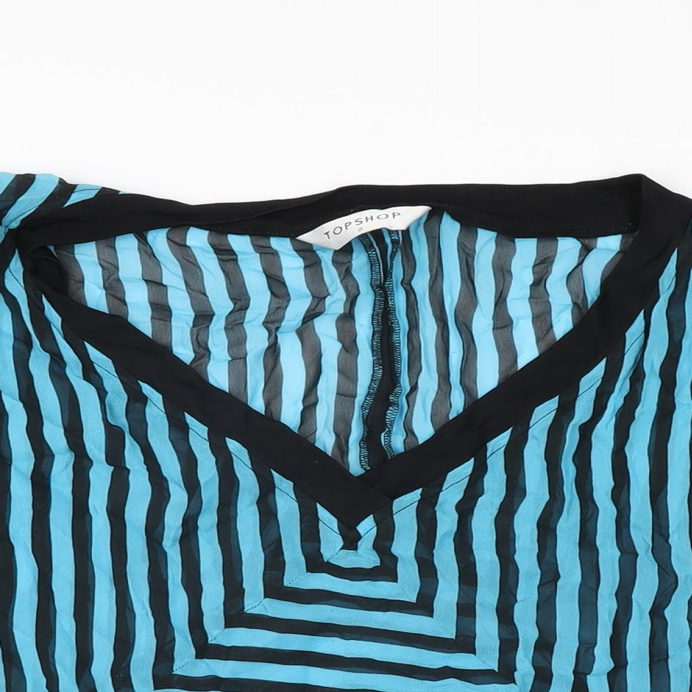 Topshop Womens Blue Striped Viscose Basic T-Shirt Size 8 V-Neck