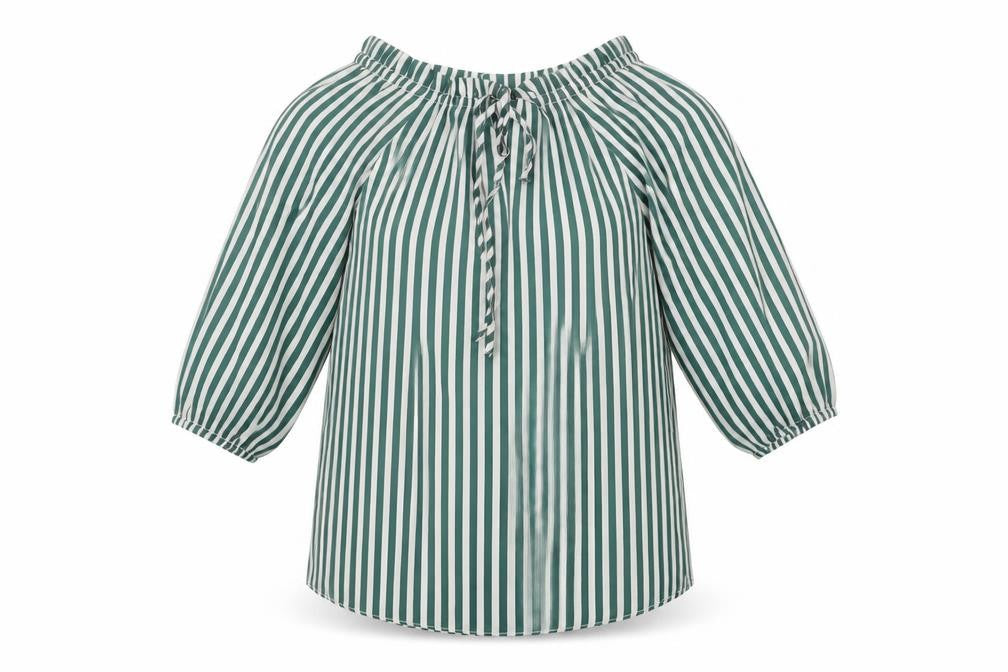 Front view of H&M women’s green striped polyester basic blouse, size UK 4, off the shoulder