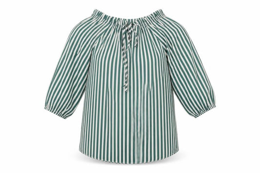 Front view of H&M women’s green striped polyester basic blouse, size UK 4, off the shoulder