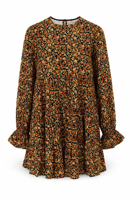 Front view of ASOS women’s black floral polyester shift, size UK 8, round neck button
