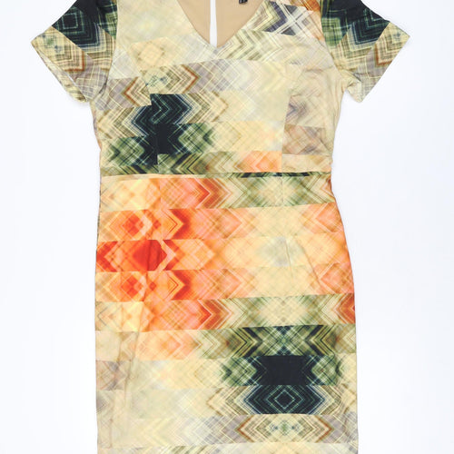 Smashed Lemon Womens Multicoloured Geometric Viscose Bodycon Size 12 V-Neck Zip