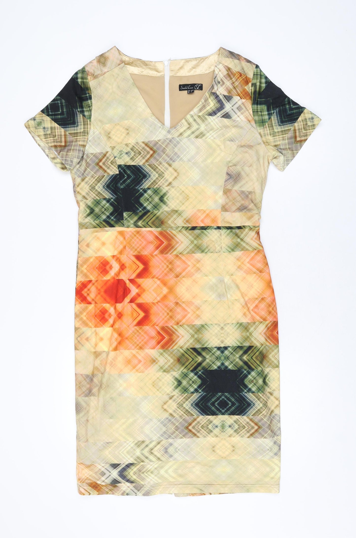 Smashed Lemon Womens Multicoloured Geometric Viscose Bodycon Size 12 V-Neck Zip