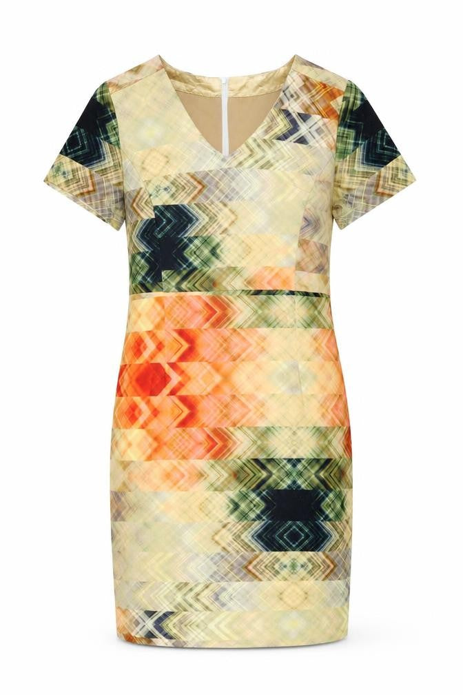 Front view of Smashed Lemon women’s multicoloured geometric viscose bodycon, size UK 12, v-neck zip