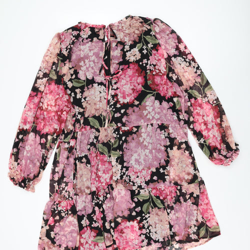 H&M Womens Black Floral Polyester Shift Size XL Round Neck Tie