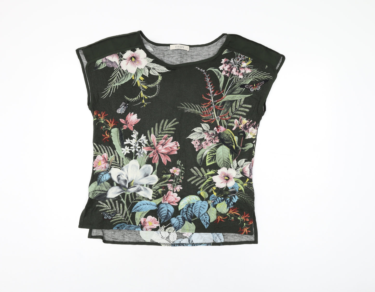 Oasis Womens Green Floral Viscose Basic T-Shirt Size M Round Neck