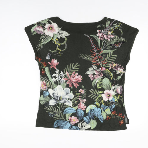 Oasis Womens Green Floral Viscose Basic T-Shirt Size M Round Neck