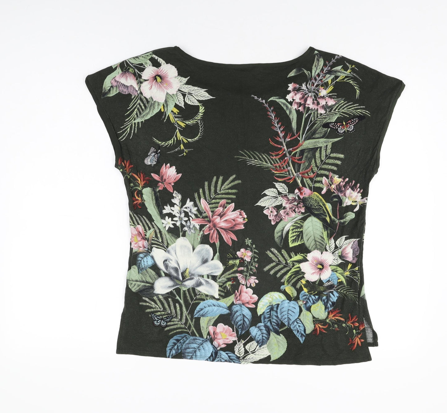 Oasis Womens Green Floral Viscose Basic T-Shirt Size M Round Neck