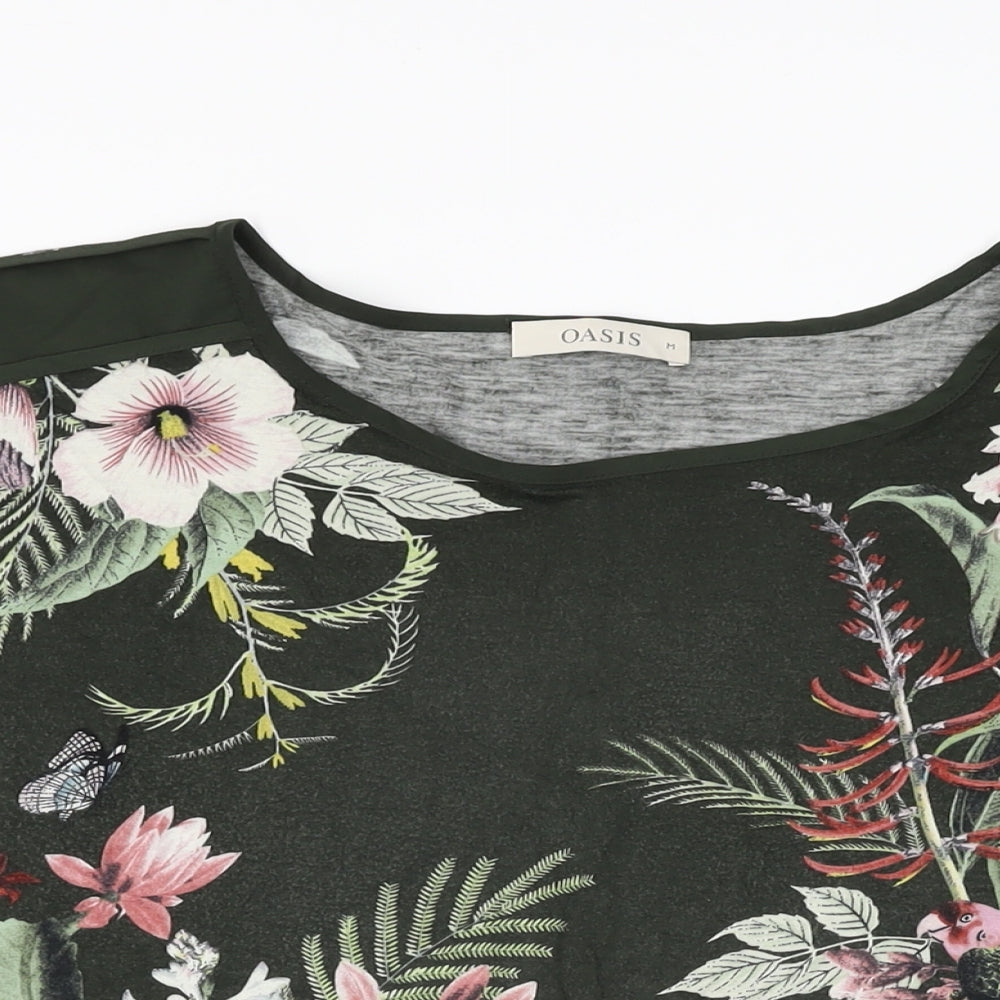 Oasis Womens Green Floral Viscose Basic T-Shirt Size M Round Neck