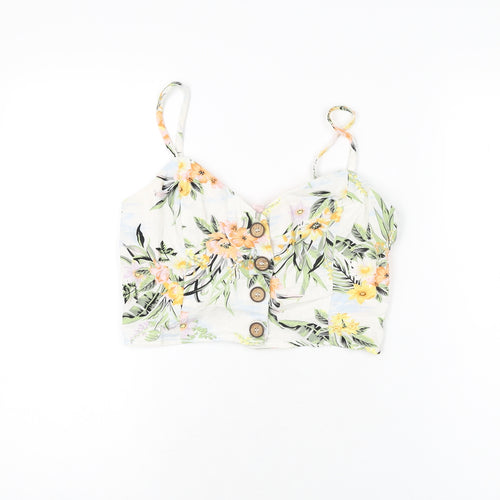 Miss Selfridge Womens White Floral Linen Cropped T-Shirt Size 8 V-Neck