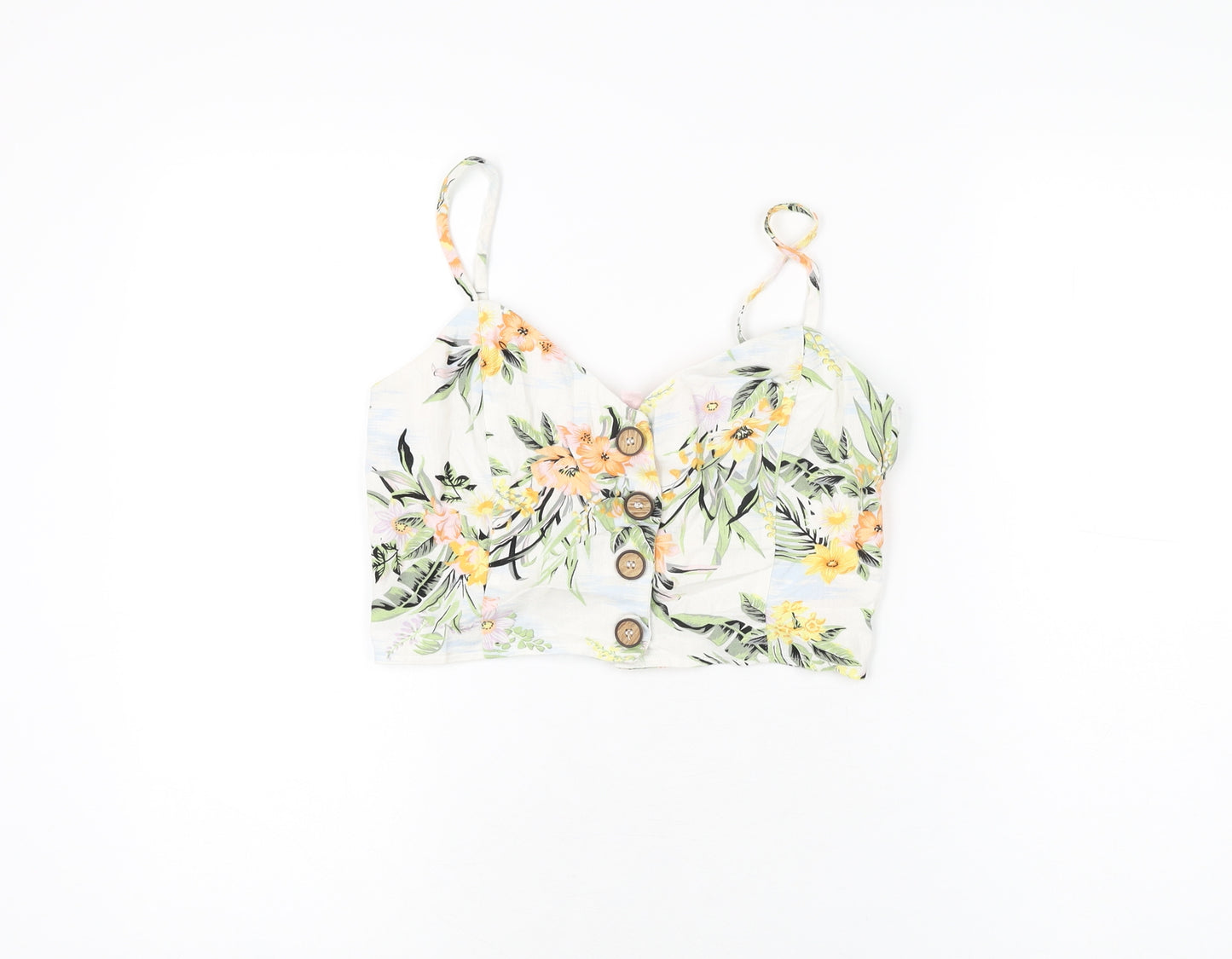 Miss Selfridge Womens White Floral Linen Cropped T-Shirt Size 8 V-Neck